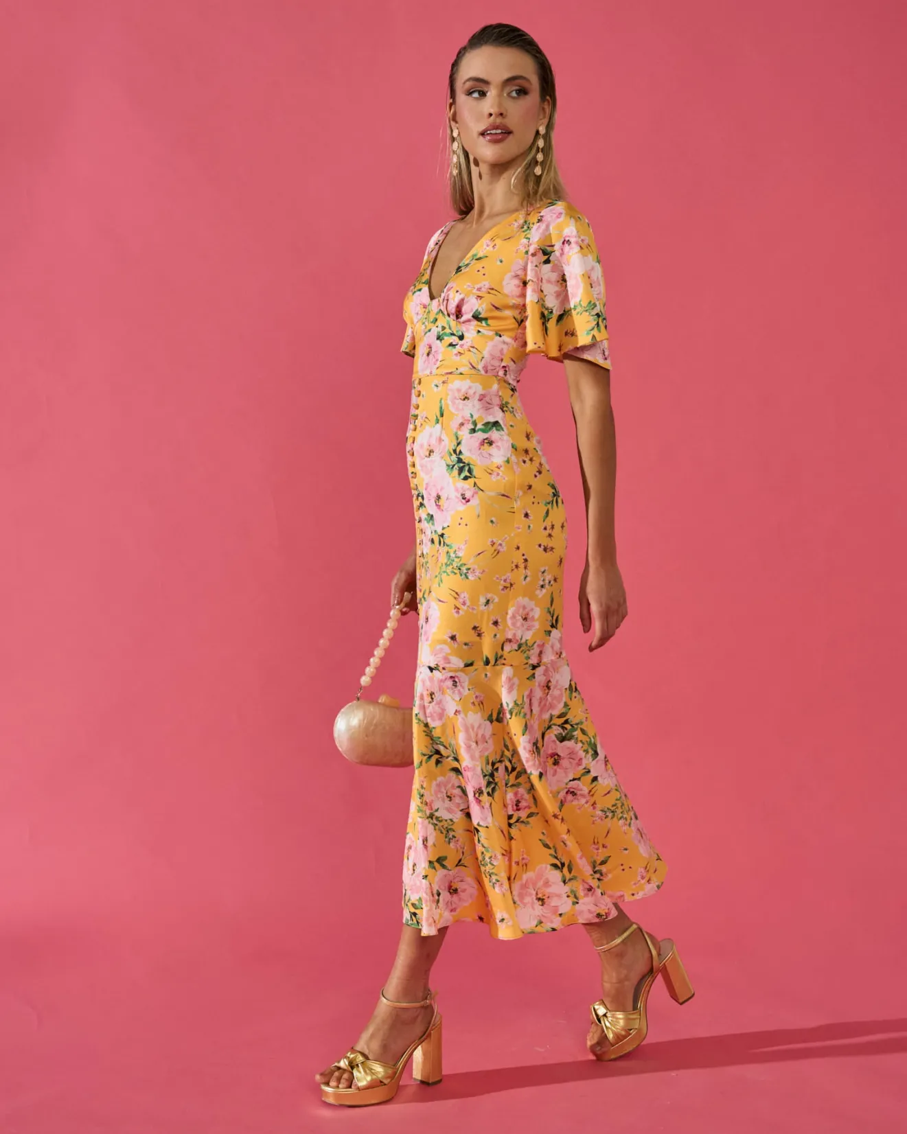 Miphai Outlet | Invité Mariage-Robe Carmina jaune à imprimé floral